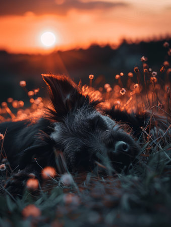 A tranquil evening scene captures a serene sunset with a peaceful dog resting amidst a field of wildflowers The golden glow of dusk casts a warm ambiance, creating a sense of calm and relaxation The dog&#39;s relaxed posture and the gentle breeze rustling the wildflowers evoke a feeling of serenity and harmony with nature AI Generativeの素材