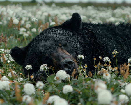 Behold the tranquil majesty of a solitary black bear, captured in exquisite detail against a canvas of delicate white wildflowers Amidst the blooming wilderness, this majestic creature slumbers peacefully, its fur shimmering under the soft sunlight Immerse yourself in the serenity of this moment, as nature photographer portrays the beauty and tranquility of the wild in breathtaking clarity AI Generativeの素材
