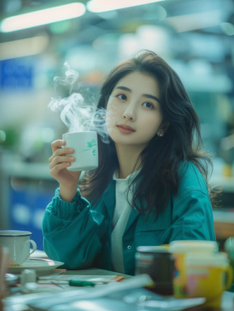 A serene moment of relaxation unfolds in a cozy cafe A young woman immerses herself in the steamy warmth of her beverage, her eyes closed in blissful respite Amidst the bustling cafe ambience, she finds solace in the simplicity of the moment, capturing the essence of tranquility and peace AI Generativeの素材