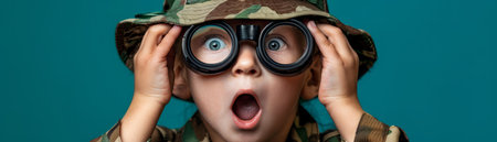 An astonished kid with wide-open eyes and a camouflage hat stares directly at the camera while adorning large, circular glasses against a vibrant teal backdrop, their expression exuding a mixture of amazement and amusement AI Generativeの素材