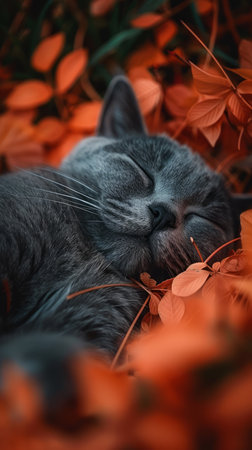 In this serene forest glade, a tranquil grey cat slumbers amidst a vibrant tapestry of autumn leaves The sun paints the foliage in warm hues, casting an ethereal glow upon the scene The cat&#39;s peaceful slumber is a testament to nature&#39;s beauty and the tranquil embrace of the changing seasons This photograph captures the essence of a moment frozen in time, where tranquility reigns and the warmth of nature&#39;s colors envelops the senses AI Generativeの素材