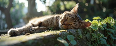 In a tranquil garden haven, a serene feline finds solace on a sun-kissed path Its emerald eyes gaze peacefully as it basks in the warm embrace of nature's serenity Birdsong weaves a harmonious symphony while gentle breezes caress its velvety fur Amidst the lush foliage and the soft murmur of a nearby water feature, the cat's graceful presence evokes a sense of tranquility and harmony AI Generativeの素材