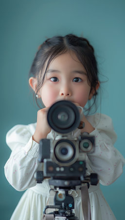 A young girl embarks on a whimsical adventure, capturing the world through the lens of a vintage camera Her innocent gaze and playful spirit ignite imagination and exploration, revealing the boundless possibilities of childhood and the wonders of photography AI Generativeの素材