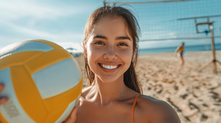 Beach volleyball enthusiast enjoys a leisure vacation activity on a bright sunny day A young joyful woman holds a volleyball while posing for the camera with a volleyball net in the background on a sandy beach AI Generativeの素材