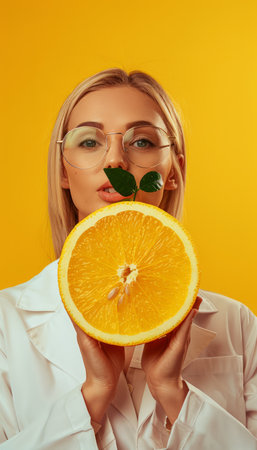 A vibrant image featuring a confident young woman clad in a pristine white lab coat She holds a freshly cut orange half aloft, its juicy segments glistening against a cheerful yellow backdrop The image exudes health and wellness, with the vibrant citrus and green leaf symbolizing nature's bounty The woman's determined gaze conveys her dedication to promoting natural remedies and a balanced lifestyle AI Generativeの素材