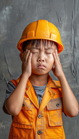 A pensive young builder or engineer in a hard hat and vest stands with his hands covering his face, lost in thought The gray background emphasizes the child's solitary contemplation This image captures the wonder and imagination of a child exploring the world of construction and engineering AI Generativeの素材
