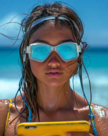 A captivating image of a vibrant young woman enjoying a day at the beach She wears sleek swim goggles, her gaze focused on her smartphone as she captures memories or stays connected amidst the tranquil ocean waters The golden sunlight illuminates her skin and casts a warm glow on the surrounding landscape, creating an idyllic setting for relaxation and connection AI Generativeの素材