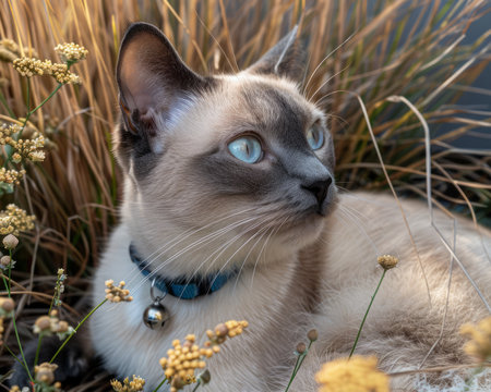 Behold the serene beauty of a captivating Siamese cat with piercing sky-blue eyes, adorned with a delicate bell collar As the golden hour of sunset bathes the scene, the feline companion finds respite amidst a vibrant field of wildflowers Its sleek, graceful body melts into the soft petals, creating a mesmerizing harmony of colors and textures, immortalized for eternity AI Generativeの素材