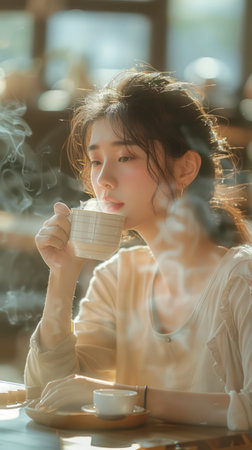 A woman sits alone in a sunlit cafe, lost in the pages of a book as she nurses her morning coffee Her expression is serene and peaceful, as if she is savoring every sip and enjoying the solitude of the moment AI Generativeの素材