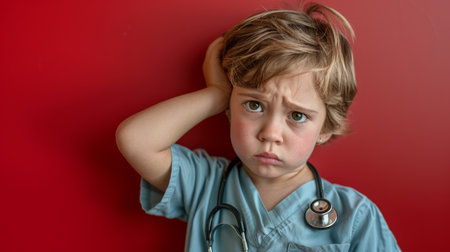 A young child, dressed in a medical outfit, stands against a red background with a serious expression They touch their ear, as if listening intently This image evokes the concept of a future doctor, children's health, and medical aspirations The child's gaze is focused and determined, suggesting a passion for medicine and a desire to help others The red background adds a sense of urgency and importance to the image, underscoring the child's dedication to their future career AI Generativeの素材