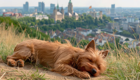 Capture the tranquility of a sleeping dog in the midst of a bustling cityscape Against the backdrop of historic architecture and warm sunlight, the dog&#39;s relaxed demeanor offers a calming contrast to the urban surroundings This adorable image showcases the harmony between nature and the city, providing a sense of peace and respite within the hustle and bustle AI Generativeの素材