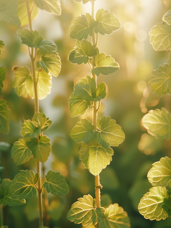 Immerse yourself in the tranquility of a lush summer garden, where vibrant green leaves bask in the warm embrace of golden sunlight The leaves dance gracefully in the gentle breeze, their intricate patterns illuminated by the sun's gentle glow Capture the essence of nature's serenity and vitality in this captivating photograph that evokes a sense of peace and harmony AI Generativeの素材