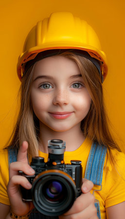 This striking portrait captures a young girl immersed in the joy of discovery Her vibrant yellow hard hat symbolizes her thirst for adventure, while her camera becomes a tool for capturing the moments that shape her journey The contrasting yellow background highlights her individuality and the boundless possibilities that lie ahead This image exudes a sense of creativity, exploration, and the unyielding spirit of a young mind embracing the world&#39;s wonders AI Generativeの素材