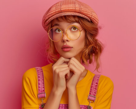 Capture the essence of effortless style with this captivating image of a chic young woman A vibrant pink beret adds a touch of whimsy, while the lemon-yellow top exudes warmth and radiance Overalls create a playful contrast, and stylish glasses complete the fashionable ensemble Set against a vibrant pink backdrop, this image embodies the spirit of contemporary fashion photography AI Generativeの素材