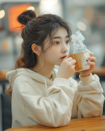 A serene young woman indulges in a warm cup of coffee, her thoughts drifting amidst the cozy ambiance of a quaint cafe Soft lighting casts a golden glow, illuminating her peaceful moment Dressed in casual attire, she embodies the essence of relaxation and comfort, creating an inviting image for lifestyle, tranquility, and coffee-themed content AI Generativeの素材