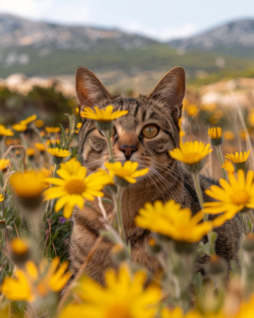 Behold a feline enigma amidst a vibrant meadow A curious cat, its emerald eyes sparkling with wonder, surveys a sea of brilliant yellow flowers In the distance, a majestic mountain range pierces the cerulean sky, its snow-capped peaks bathed in sunlight This serene scene encapsulates the harmonious beauty of nature, where the wonder of the feline world intersects with the tranquility of the wilderness AI Generativeの素材