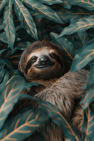 Behold this captivating moment captured in the heart of the rainforest, where an adorable sloth finds solace amidst the lush foliage Its gentle expression exudes serenity as it relaxes within the dense greenery Witness the endearing nature of this elusive creature in its natural habitat, immortalized in stunning wildlife photography AI Generativeの素材