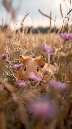Behold the charming sight of a petite Guinea Pig nestled amidst a vibrant tapestry of wildflowers and golden grains This adorable creature poses amidst nature&#39;s embrace, enjoying the idyllic tranquility of a sun-kissed day The gentle breeze whispers through the petals, creating a symphony of colors and scents that complement the Guinea Pig&#39;s curious gaze This captivating image captures the serene essence of nature and the undeniable charm of its animal inhabitants AI Generativeの素材