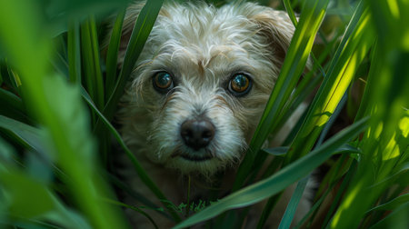 Capture the irresistible charm of a fluffy dog nestled amidst vibrant green foliage Its curious gaze and adorable expression add a touch of sweetness to the natural setting Surrounded by lush evergreens, the puppy&#39;s cozy hiding spot creates a picturesque portrait Witness the joyful spirit of a playful canine in harmony with nature, showcasing the bond between pets and their surroundings AI Generativeの素材