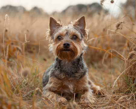 Capture the irresistible charm of an adorable Yorkshire Terrier in an idyllic autumn setting This photo exudes warmth and tranquility, featuring a crisp focus that highlights the dog&#39;s captivating expression and soft, fluffy fur The natural backdrop of vibrant fall foliage creates a stunning contrast, showcasing the beauty of the bond between pets and the great outdoors Captivating pet portrait that&#39;s perfect for animal lovers and nature enthusiasts alike AI Generativeの素材