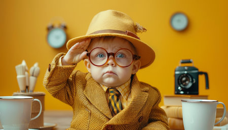 An utterly adorable toddler, dressed in a charming vintage suit, strikes a perfect salute while rocking oversized glasses and an adorable hat The setting is a cozy retro-style coffee shop with a vibrant mustard yellow background, adding a touch of nostalgia and warmth to this delightful image AI Generativeの素材