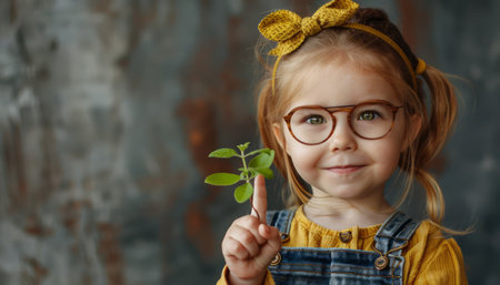 In this breathtaking image, an enchanting toddler adorns adorable glasses and a vibrant yellow bow, cradling a vibrant green plant sprout against a rustic backdrop Their curious gaze and infectious smile capture the boundless wonder of childhood, illuminating the beauty of nature&#39;s embrace AI Generativeの素材