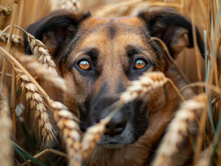 This captivating photo captures the enigmatic gaze of a dog standing amidst a golden wheat field The golden hues of the field and the warm sunlight create a serene and rustic ambiance, evoking a sense of tranquility and connection with nature The dog&#39;s intense stare conveys depth and emotion, hinting at a loyal bond between humans and animals The image showcases the beauty and simplicity of the countryside and the enduring connection between humans and their furry companions AI Generativeの素材