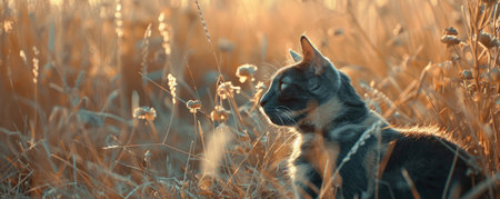 Capture the enchanting beauty of a feline against a backdrop of golden warmth A serene cat perches amidst a sun-kissed meadow, its elegant silhouette dancing with the tall grasses As the sun paints the sky in hues of amber and gold, the cat&#39;s gaze lingers on the distant horizon, a moment of tranquility that invites viewers to share in the harmony of nature and the grace of its feline inhabitant AI Generativeの素材