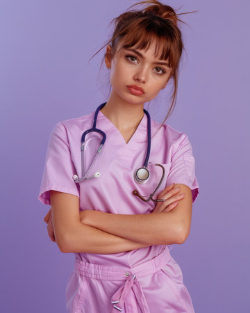 A confident female medical professional exudes strength and dedication in healthcare Clad in vibrant pink scrubs, she stands tall against a purple backdrop, her arms crossed firmly A stethoscope adorns her neck, symbolizing her commitment to providing exceptional care Her piercing gaze and unwavering stance convey a deep-rooted passion for her profession, inspiring trust and confidence in her patients AI Generativeの素材