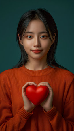 Heartwarming Portrait of a Young Woman Holding a Red Heart Symbolizing Love and Affection, Emotional Connection and Compassion Vibrant Imagery for Valentine&#39;s Day, Romantic Themes, and Emotional Bonding AI Generativeの素材