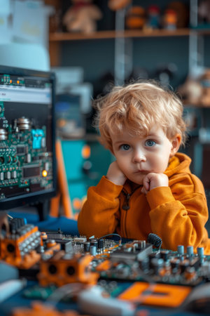 A young child discovers the fascinating world of electronics, sparking their curiosity and igniting their imagination Hands-on exploration of circuit boards and wires fosters creativity and a passion for technology, paving the way for future innovation and discovery AI Generativeの素材