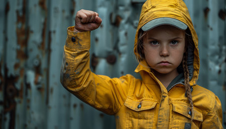 A defiant young girl in a vibrant yellow raincoat stands tall against a corrugated metal backdrop, her fist raised in a bold gesture of unwavering determination and strength Her piercing gaze reflects her indomitable spirit, symbolizing the boundless power of youth and the resilience of the human spirit in the face adversity AI Generativeの素材