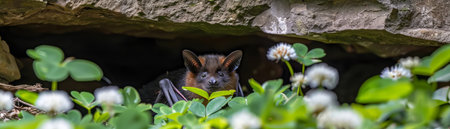 In the heart of nature&#39;s tapestry, a brown bat eludes detection amid vibrant clover blooms and weathered rocks Its nocturnal existence and camouflage serve as a poignant reminder of the need to preserve delicate ecosystems and support the diverse creatures that inhabit them AI Generativeの素材