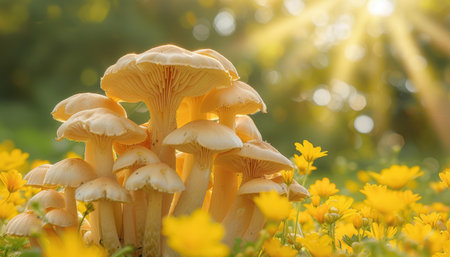 Golden sunlight bathes a cluster of delicate mushrooms amidst vibrant yellow flowers in a verdant forest The serene morning light casts an ethereal glow, capturing the harmonious beauty of nature's tapestry This image evokes a sense of tranquility and awe, inviting viewers to immerse themselves in the idyllic serenity of this forest sanctuary AI Generativeの素材