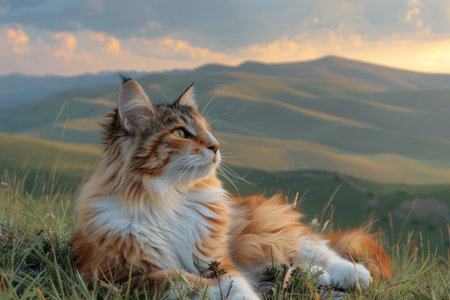 Witness the serene grace of a majestic long-haired cat basking in the warm glow of dawn Set against rolling hills and a canvas of clouds, this feline embodiment of tranquility exudes a calming presence that captures the harmony between nature and animal kingdom AI Generativeの素材