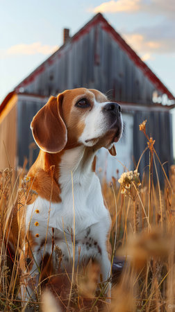 A majestic beagle sits regally in a golden meadow, its gaze lost in the tranquil countryside The rustic barn and setting sun cast a warm glow, creating a serene and peaceful ambiance A perfect capture of nature&#39;s beauty, ideal for animal and nature enthusiasts seeking serenity and tranquility AI Generativeの素材