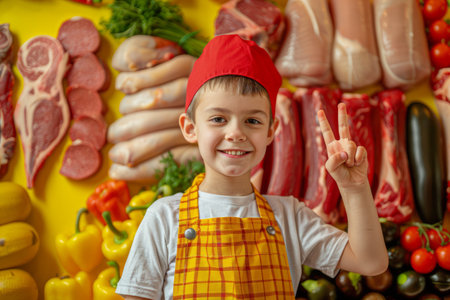 A young culinary enthusiast beams with excitement as she discovers the vibrant array of fresh meats and produce in a bustling butcher shop Her eager eyes explore the colorful displays, absorbing the knowledge and skills needed to master the art of cooking Amidst the lively atmosphere, she&#39;s ready to create culinary wonders AI Generativeの素材