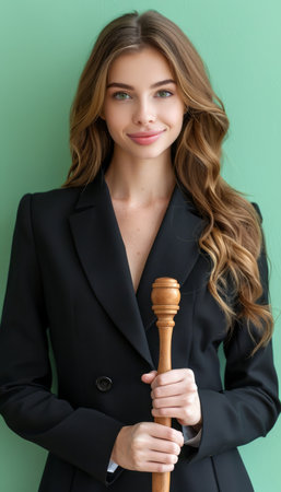 Capture the authority and professionalism of the judicial system with this stunning photograph of a smiling female judge holding a gavel against a vivid green background The high-resolution image perfectly encapsulates the concept of legal justice and conveys the judge&#39;s unwavering commitment to fairness and order Ideal for law-related content, this powerful photo evokes trust and respect for the judiciary AI Generativeの素材