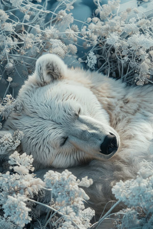 This captivating image captures the serene beauty of a tranquil winter wonderland, where a magnificent polar bear rests amidst snow-covered foliage The delicate white snow envelops the surroundings, creating a pristine and ethereal atmosphere The bear&#39;s peaceful presence exudes a sense of calm, inviting viewers to appreciate the quiet grandeur of nature&#39;s frozen landscape This photograph embodies the delicate harmony between wildlife and the wilderness, showcasing the untamed yet serene beauty of the Arctic realm AI Generativeの素材