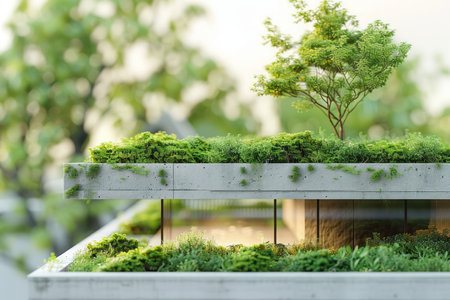Embrace sustainability with this captivating image of a modern urban green roof Witness the seamless integration of verdant vegetation with sleek architecture, creating an eco-friendly haven that fosters biodiversity and environmental conservation This image embodies the future of urban design, where sustainability meets aesthetics AI Generativeの素材
