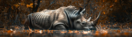 Witness the enchanting beauty of nature as a majestic rhino basks in the tranquil embrace of an autumn landscape Captured in exquisite detail, this wildlife photograph unveils the serene grandeur of nature&#39;s remarkable creations The play of shadows and the warmth of autumn hues evoke a sense of peace and wonder, painting a captivating portrait of the harmonious bond between wildlife and its environment AI Generativeの素材