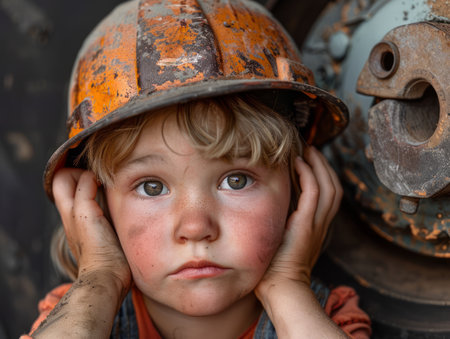 In a gritty industrial setting, a young child&#39;s portrait emerges Donning a weathered orange helmet, their face and hands are smudged with dirt Amidst the mechanical backdrop, their innocent expression conveys a mix of weariness and resilience The harsh environment contrasts with their youthful innocence, creating a poignant depiction of childhood amidst adversity AI Generativeの素材