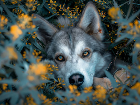 Immerse yourself in the ethereal beauty of a captivating wolf amidst a vibrant tapestry of golden wildflowers In the embrace of the untamed wilderness, this enigmatic creature exudes an aura of mysticism and tranquility Its gaze holds you captive, drawing you into a realm where the boundaries between nature and spirit intertwine AI Generativeの素材