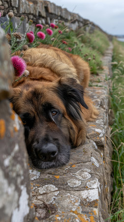 A serene snapshot captures a relaxed and fluffy dog, its soft fur enveloping it like a cozy blanket as it slumbers peacefully atop an aged stone wall Vibrant pink flowers bloom around it, painting the scene with a vibrant splash of color The tranquil atmosphere invites viewers to share in the dog&#39;s restful moment, reminding them of nature&#39;s soothing embrace AI Generativeの素材