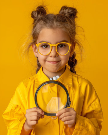 Capture the adorable charm of a curious young girl with this delightful portrait Her vibrant yellow coat and eyeglasses add a cheerful touch, while her braided hair frames a face full of wonder and exploration As she holds a magnifying glass, her eyes sparkle with an unyielding desire to uncover the hidden wonders of the world The solid yellow background creates a playful and energetic atmosphere, perfect for showcasing the girl&#39;s infectious enthusiasm and imagination AI Generativeの素材