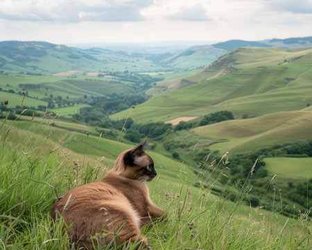 Amidst a picturesque panorama, a serene Siamese cat reclines gracefully on a verdant hillside Its piercing blue eyes gaze out towards the horizon, taking in the breathtaking expanse of rolling hills, distant peaks, and the soft embrace of a cloudy sky Tranquility envelops the feline, as it basks in the beauty of its surroundings, creating a moment of serene harmony amidst nature&#39;s embrace AI Generativeの素材