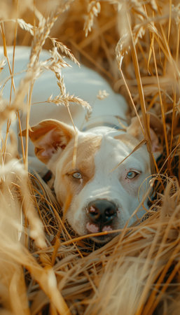 Behold the epitome of tranquility as a serene canine companion slumbers amidst a golden wheat field under the glow of a peaceful afternoon sun The tall stalks embrace the sleeping dog, creating an ethereal canvas of nature&#39;s harmony The warm light bathes the scene in a soothing ambiance, inviting viewers to share in the tranquil moment shared between dog and nature AI Generativeの素材