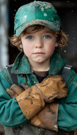A tenacious young boy, donning a vibrant green cap and sturdy gloves, stands amidst the relentless rain Despite the harsh weather conditions, his unwavering determination shines through Clad in work attire, he exudes a sense of purpose as he engages in outdoor activities, his youthful resilience evident in every stride Mud and raindrops adorn his clothes, serving as a testament to his unwavering spirit in the face of adversity AI Generativeの素材