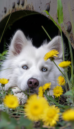 Capture the enchanting beauty of a majestic white husky with piercing blue eyes, standing amidst a vibrant field of yellow wildflowers The rustic backdrop creates a captivating contrast, showcasing the harmony between nature and this captivating animal This stunning image is a perfect visual treat for nature enthusiasts and animal lovers alike AI Generativeの素材