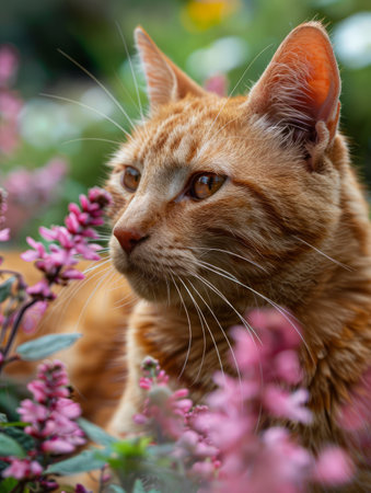 A serene ginger cat lounges amidst a vibrant garden, its golden fur a warm contrast to the blooming flowers The cat&#39;s relaxed demeanor conveys a sense of tranquility, highlighting the harmonious connection between nature and feline companions The lush greenery and vibrant colors create a peaceful outdoor environment, inviting viewers to bask in the serenity of this idyllic moment AI Generativeの素材